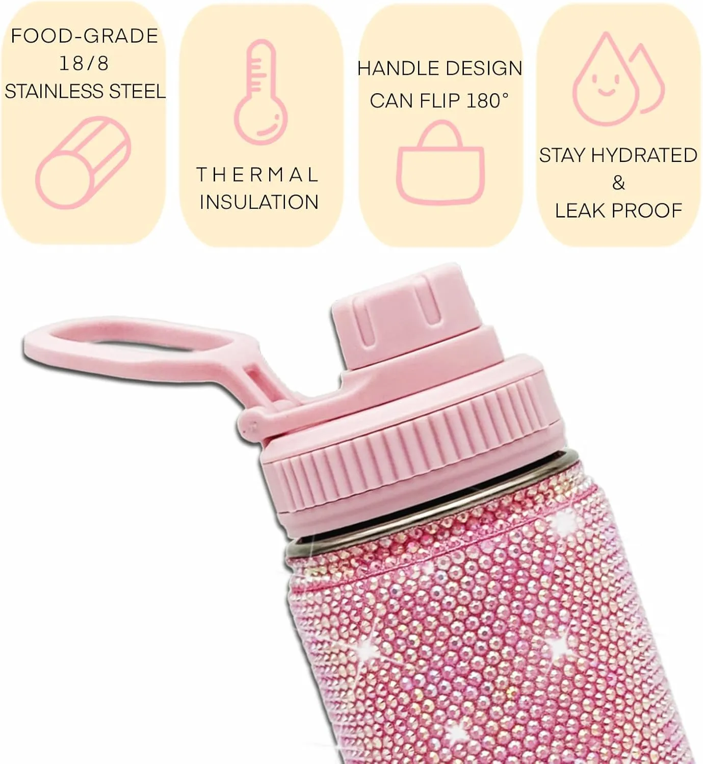 22oz Stainless Steel Bling Crystal Water Bottle Rhinestone Vacuum Insulated Bottle with Spout Lid Reusable Double-Wall Glitter Sport Bottle Gift for Women Girl (Light Pink)