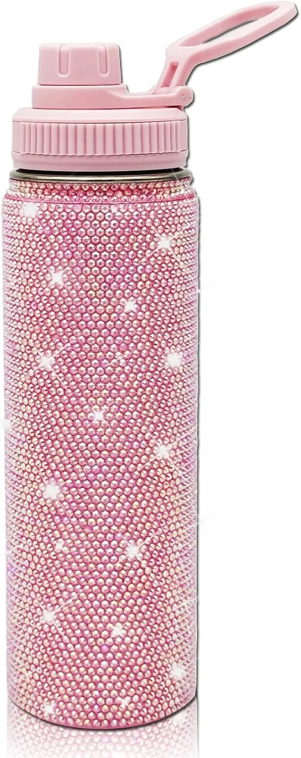 22oz Stainless Steel Bling Crystal Water Bottle Rhinestone Vacuum Insulated Bottle with Spout Lid Reusable Double-Wall Glitter Sport Bottle Gift for Women Girl (Light Pink)