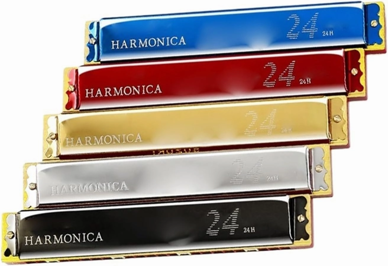 24 Hole Polyphonic C Harmonica Thickened Cover Professional Tuning(Gold)