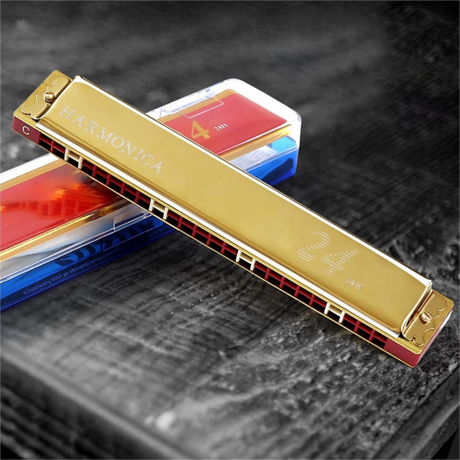 24 Hole Polyphonic C Harmonica Thickened Cover Professional Tuning(Gold)