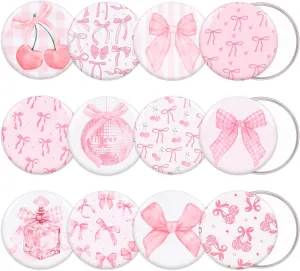 24Pcs Coquette Bow Mirror Pink Bow Cherry Pocket Portable Mirrors 2.95 Inch Round Mini Makeup Mirrors for Women Birthday Party Favors Supplies