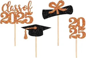 24PCS Graduation Cake Decorations 2025, Red and Black Double Sided Glitter Graduation Decorations for Gifts Food Tables Theme Party Supplies Decor