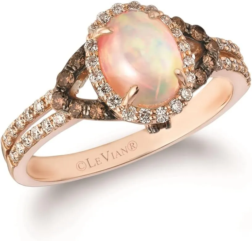 2/5 Carat Diamond and 3/5 Carat Opal Cabochon Oval Halo Split Shank Ring for Women in 14k Rose Gold (Fancy Brown/H-I, SI1-SI2, cttw) Promise Anniversary Ring Size 5 to 12.5 by LeVian