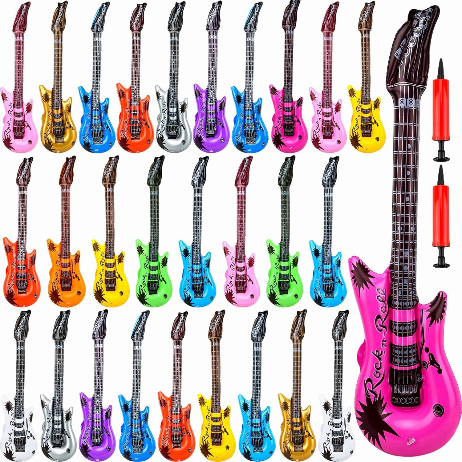 28 Pack Inflatable Guitar Blow up Guitar Bulk Inflatable Fake Party Guitar Prop Inflatable Rock Star Guitars for 80s 90s Themed Carnival Birthday Party Favor, 12 Colors