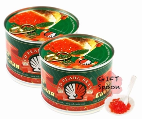 2 x Red Salmon Caviar – Alaskan Salmon Roe – Lightly Salted Caviar in Can 1 Lbs or 454 g by Red Pearl (Coming with Caviar Spoon as Gift) Kosher certified - Product of USA