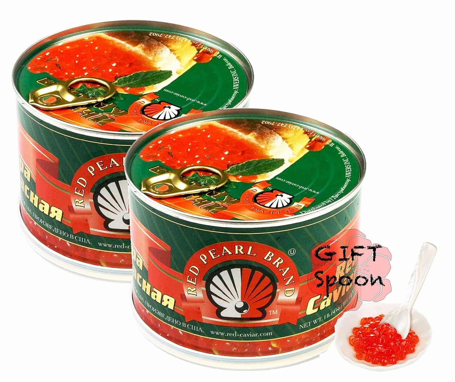 2 x Red Salmon Caviar – Alaskan Salmon Roe – Lightly Salted Caviar in Can 1 Lbs or 454 g by Red Pearl (Coming with Caviar Spoon as Gift) Kosher certified - Product of USA