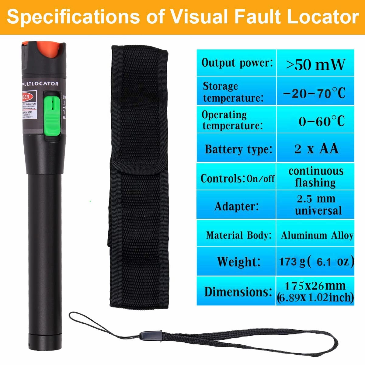 2Pack 50mW Visual Fault Locator Kit - 50KM Range, 2.5mm Universal Connector Compatible with FC/SC/ST/LC Interface, VFL Red Light Pen for Network Cable Testing, Fiber Optic Source Tester Tool