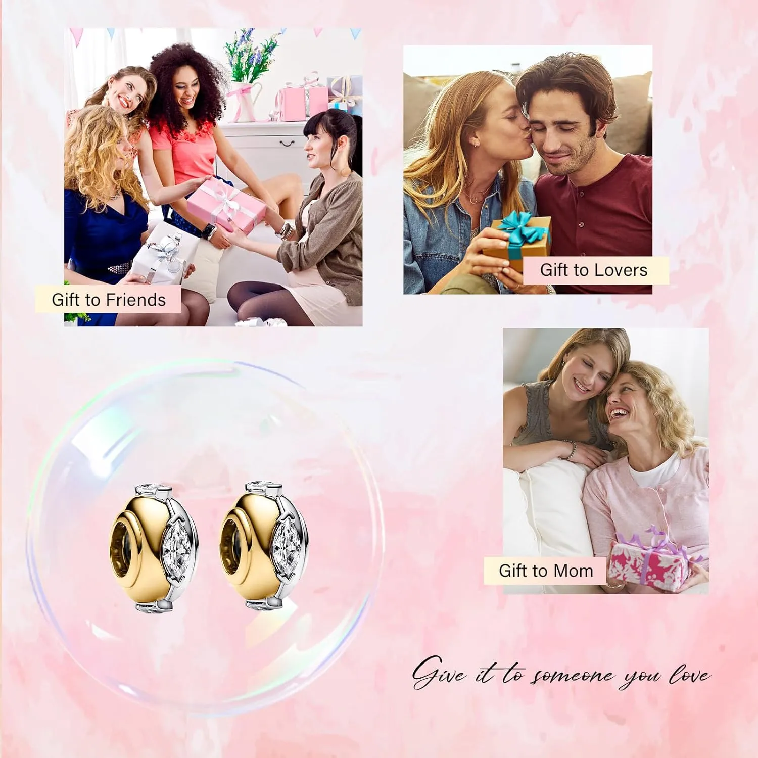 2Pcs Clip Charms for Bracelets 925 Sterling Silver with Cubic Zirconia Shell Pink Pavé Family Always Stopper Birthday Christmas Jewelry Gifts for Women