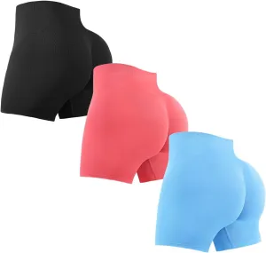 3 Piece Workout Shorts Womens Seamless High Waisted Scrunch Butt Athletic Gym Yoga Biker Shorts