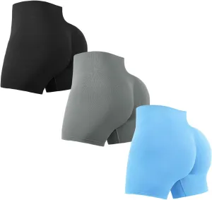 3 Piece Workout Shorts Womens Seamless High Waisted Scrunch Butt Athletic Gym Yoga Biker Shorts