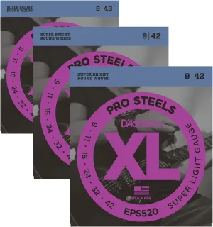 3 Sets of D'Addario EPS520 Pro Steels Electric Guitar Strings EPS520 Super Light