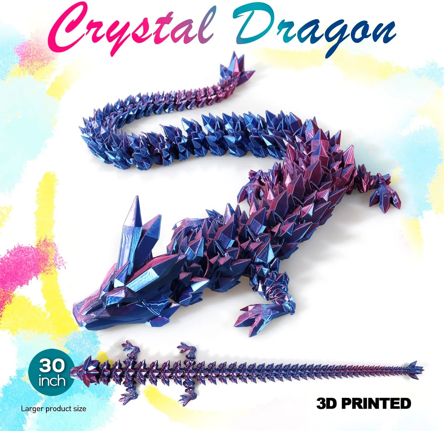 30 ”Large 3D Dragon,Flexible Articulated Dragon,Crystal Dragon Toy,3D Printed Gift for Festival,Home Decoration, Executive Desk Decorations (red Blue)