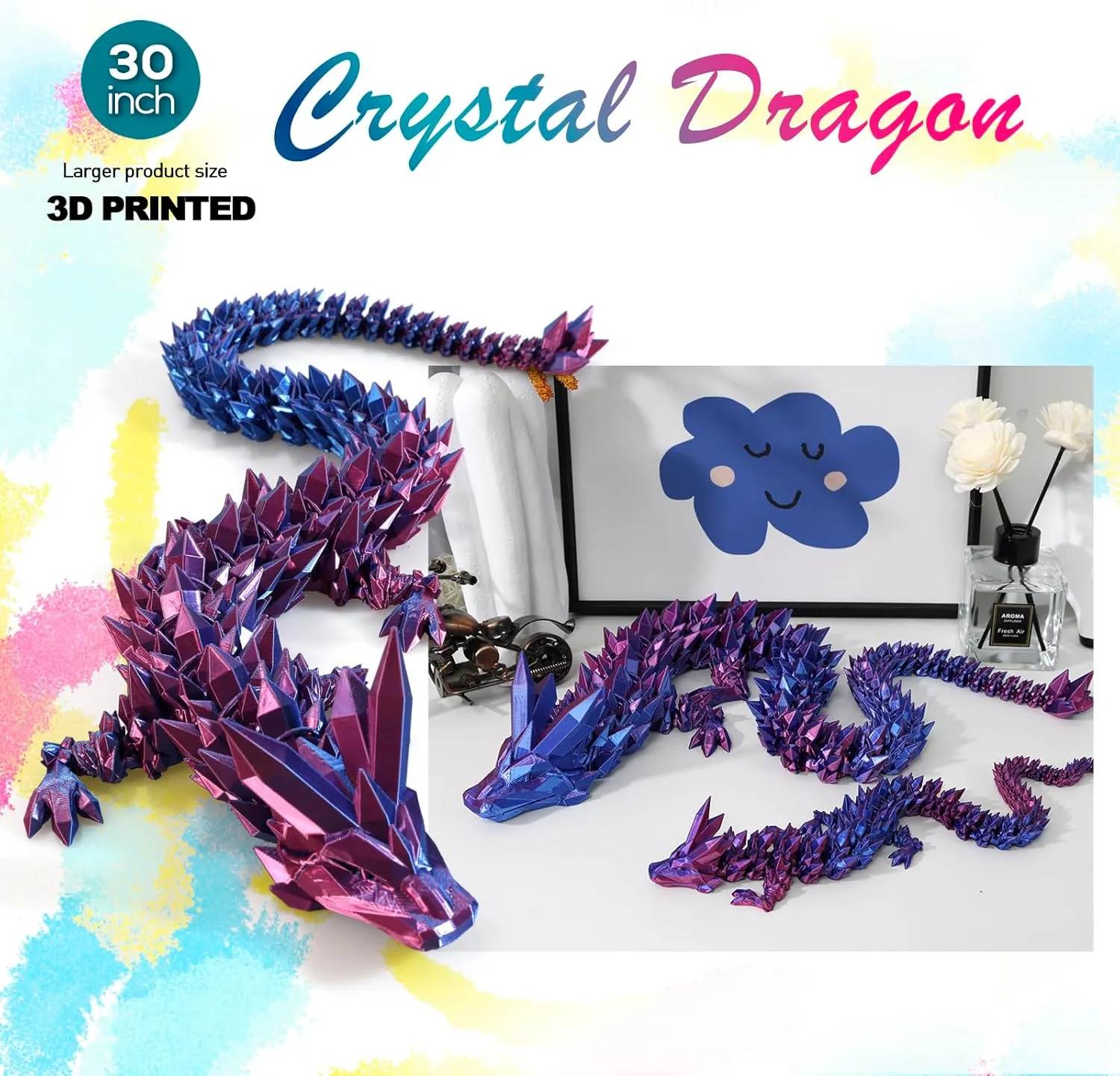 30 ”Large 3D Dragon,Flexible Articulated Dragon,Crystal Dragon Toy,3D Printed Gift for Festival,Home Decoration, Executive Desk Decorations (red Blue)