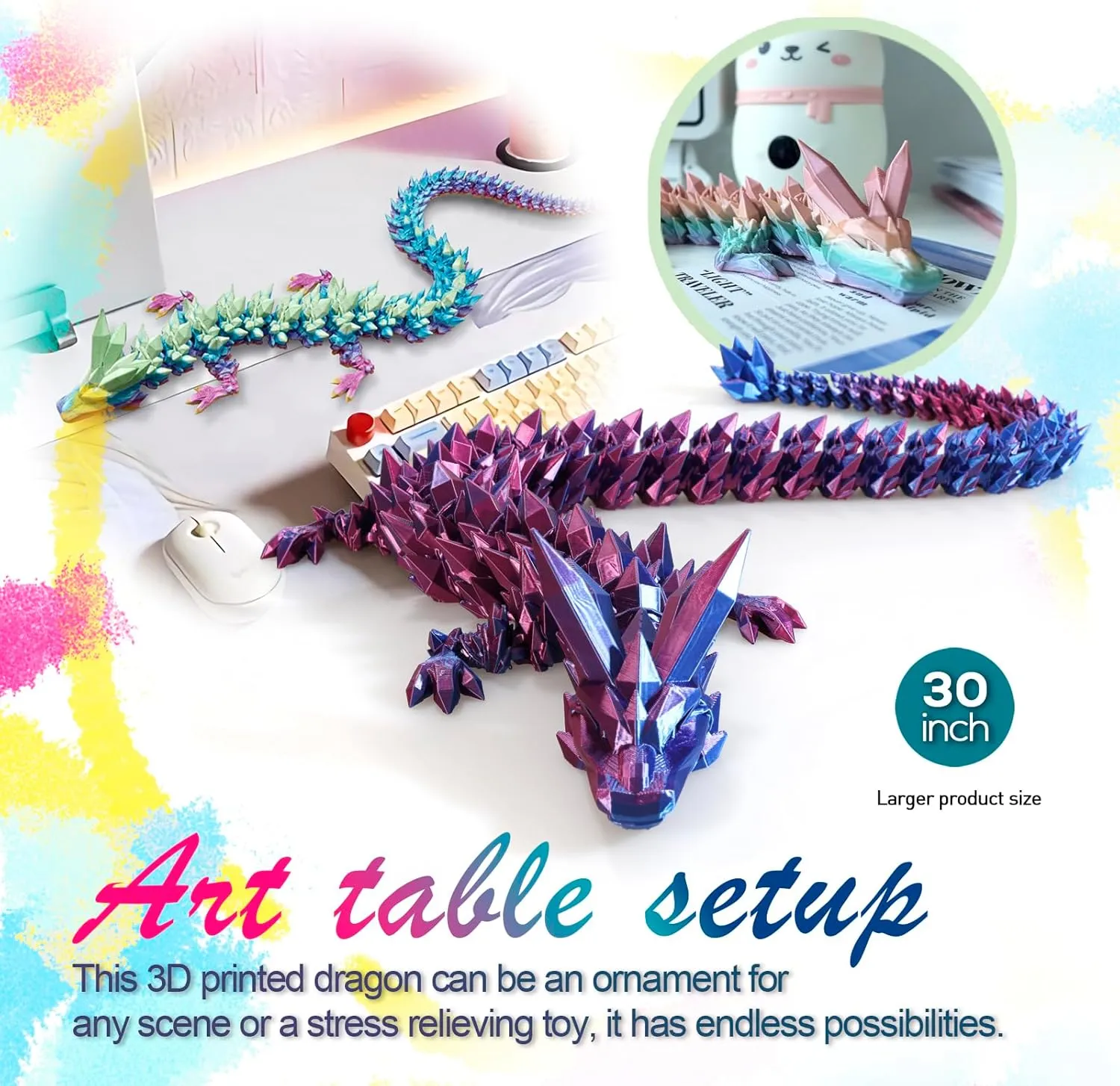 30 ”Large 3D Dragon,Flexible Articulated Dragon,Crystal Dragon Toy,3D Printed Gift for Festival,Home Decoration, Executive Desk Decorations (red Blue)