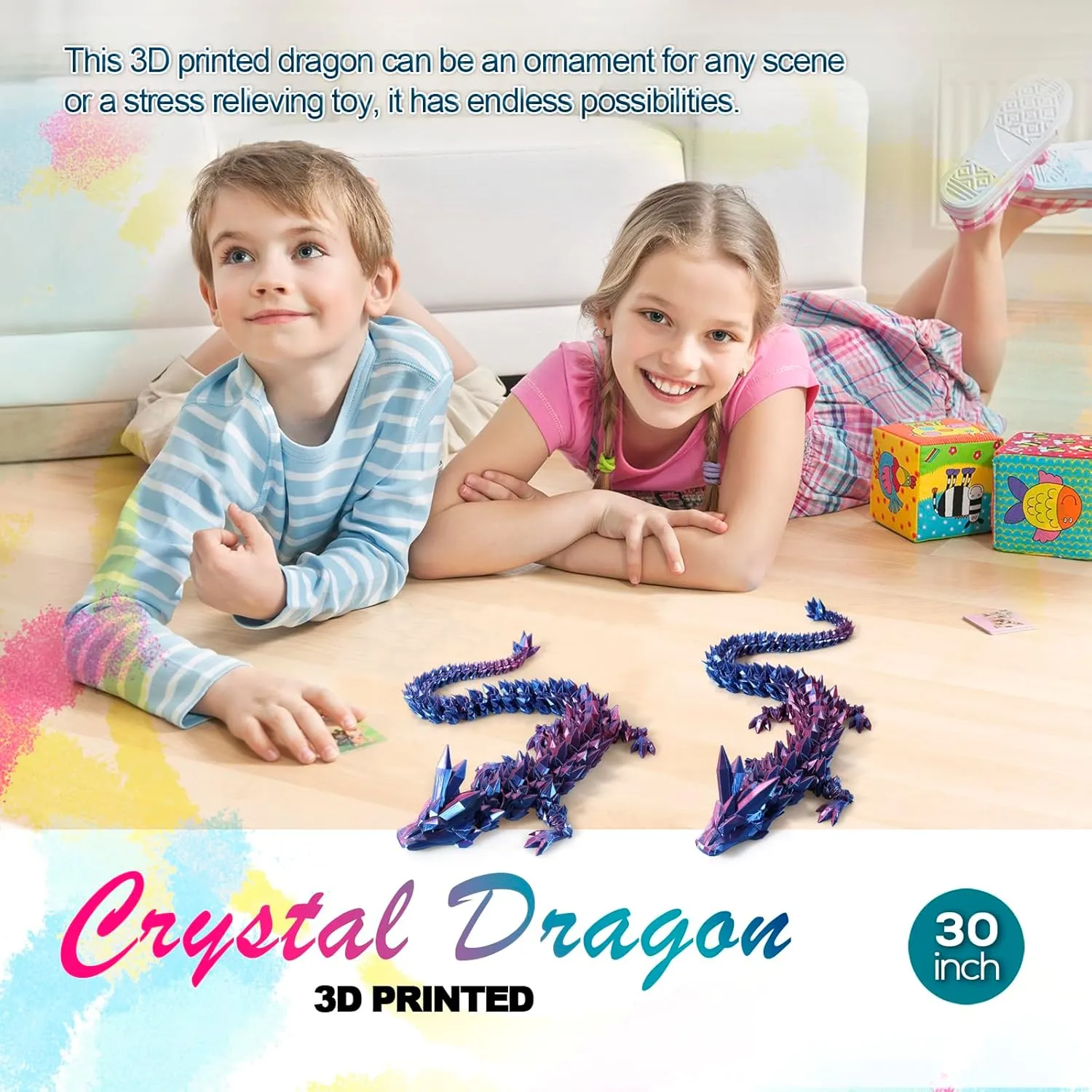30 ”Large 3D Dragon,Flexible Articulated Dragon,Crystal Dragon Toy,3D Printed Gift for Festival,Home Decoration, Executive Desk Decorations (red Blue)