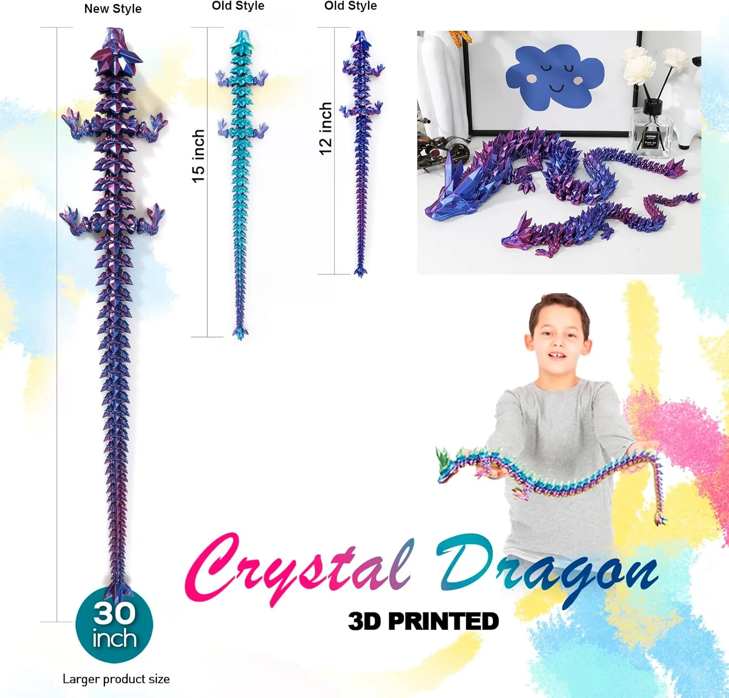 30 ”Large 3D Dragon,Flexible Articulated Dragon,Crystal Dragon Toy,3D Printed Gift for Festival,Home Decoration, Executive Desk Decorations (red Blue)