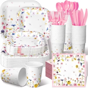 350 Pcs Paper Plates and Napkins Set Disposable Dinnerware Party Supplies Tableware Serve 50 Guest Cups Knife Forks Spoon(Pink,Wildflower)