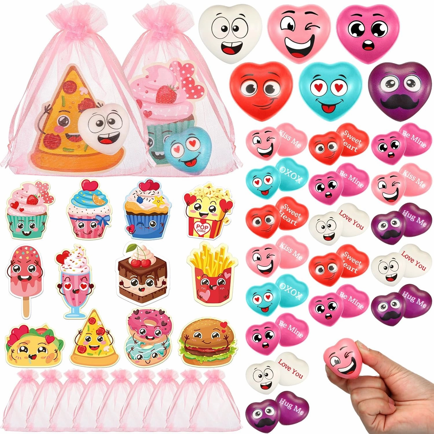 36 Sets Valentine's Day Stress Balls 1.6 Inch Heart Stress Relief Balls with Funny Valentines Cards Smile Face Stress Balls with Organza Bags for Kids Classroom Valentine Party Favors