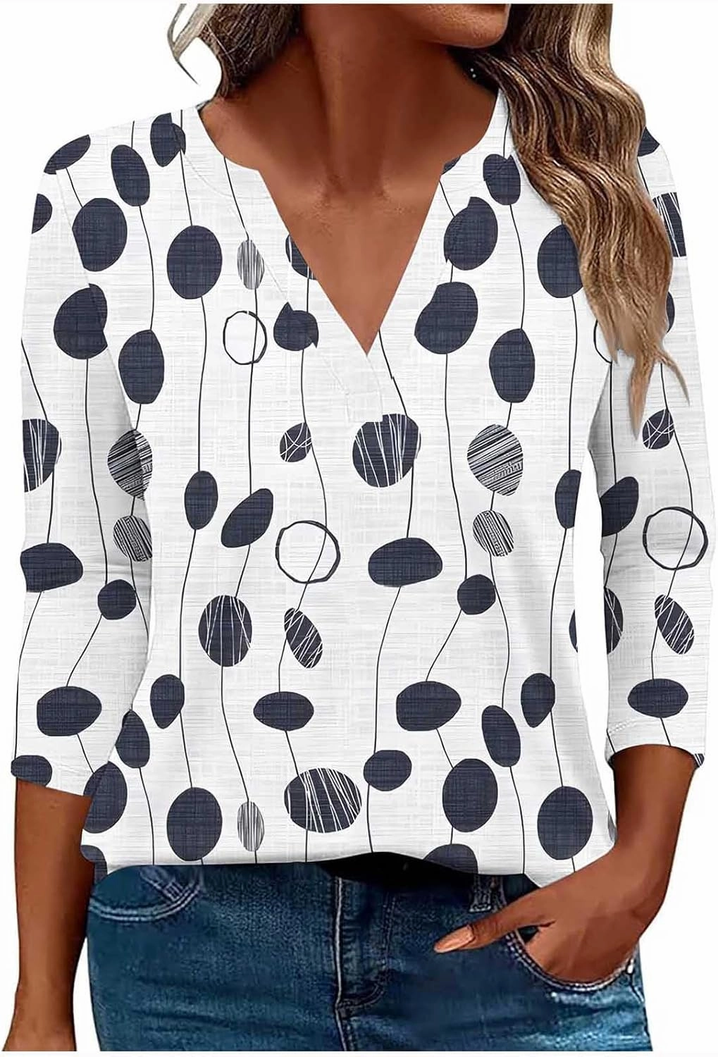 3/4 Length Sleeve Tops for Women Casual Summer V Neck Floral Tops Trendy Summer Loose Fits Vacation Clothes