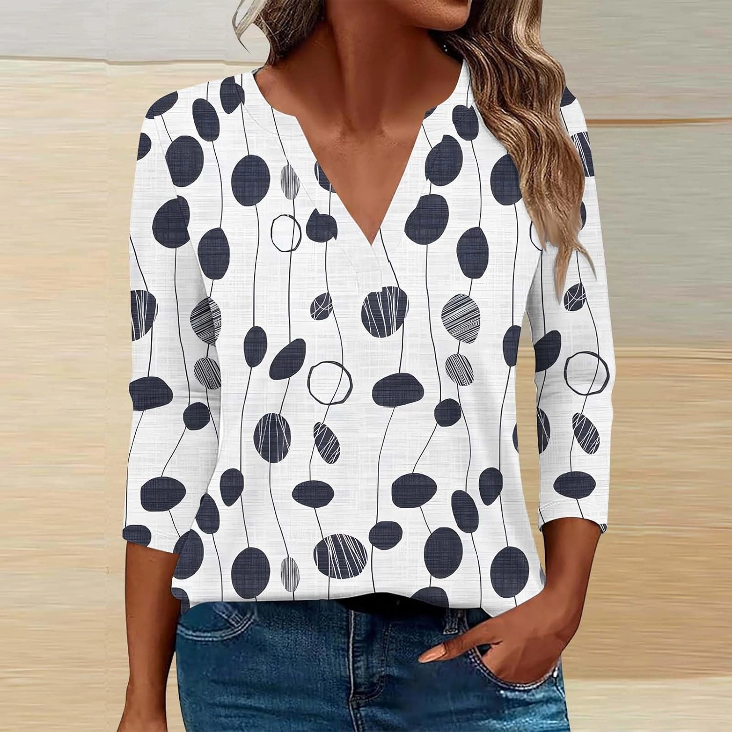 3/4 Length Sleeve Tops for Women Casual Summer V Neck Floral Tops Trendy Summer Loose Fits Vacation Clothes