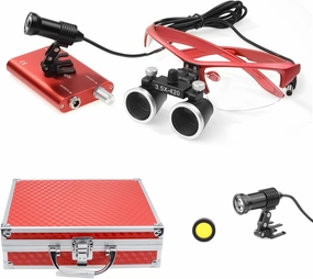 3.5X420mm Flexible Headband Binocular Loupes Magnifying Glass with 5W Adjustable LED Headlight Two Clips Headlamp Aluminum Box DY-409 Red