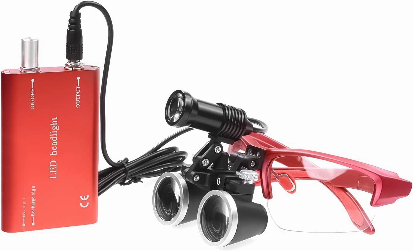 3.5X 420MM Binocular Magnifier loupes Matte Frame with Adjustable Spotlight Headlight Spotlight Headlamp Metal Box Aluminium Alloy Case (Red)