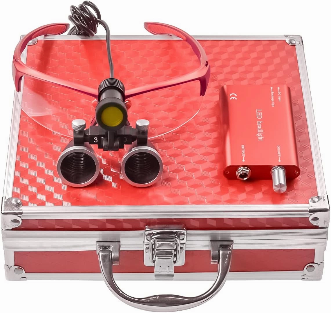 3.5X 420MM Binocular Magnifier loupes Matte Frame with Adjustable Spotlight Headlight Spotlight Headlamp Metal Box Aluminium Alloy Case (Red)