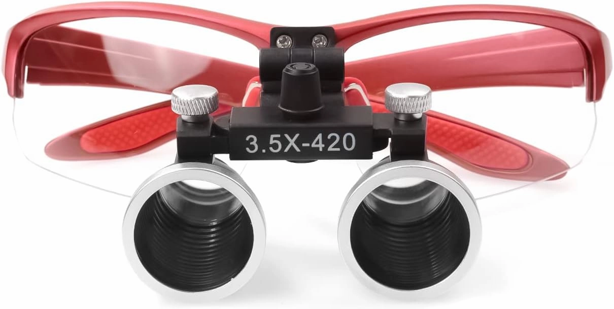 3.5X 420MM Binocular Magnifier loupes Matte Frame with Adjustable Spotlight Headlight Spotlight Headlamp Metal Box Aluminium Alloy Case (Red)