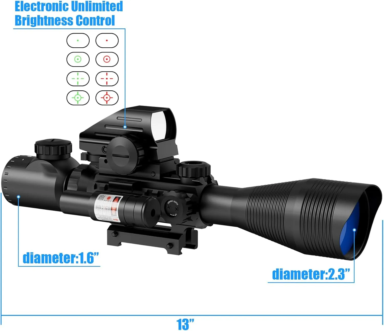 4-12/16x50EG Rifle Scope Combo Dual Illuminated Red/Green with Green/Red Laser 4 Models Holographic Reticle Red Dot for Rail Mount