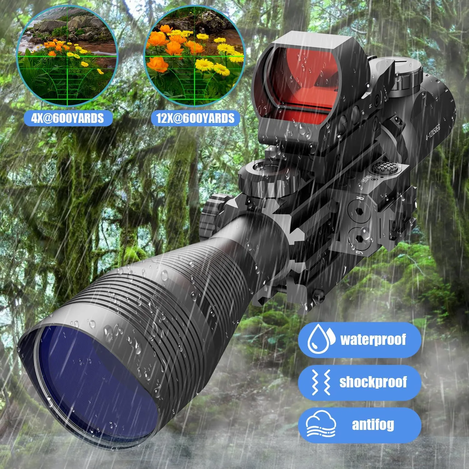 4-12/16x50EG Rifle Scope Combo Dual Illuminated Red/Green with Green/Red Laser 4 Models Holographic Reticle Red Dot for Rail Mount