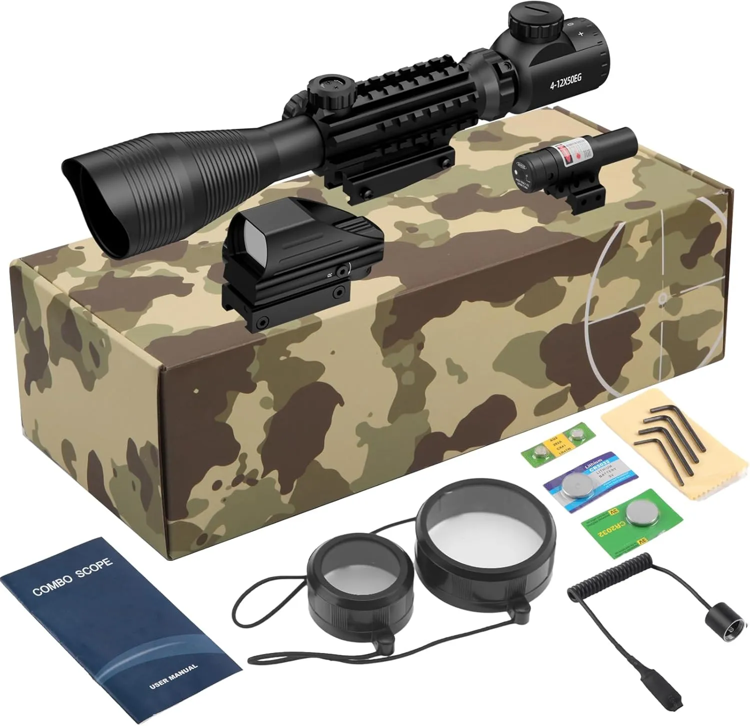 4-12/16x50EG Rifle Scope Combo Dual Illuminated Red/Green with Green/Red Laser 4 Models Holographic Reticle Red Dot for Rail Mount