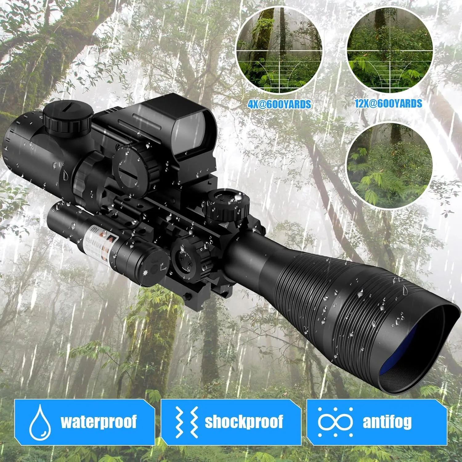 4-12/16x50EG Rifle Scope Combo Dual Illuminated Red/Green with Green/Red Laser 4 Models Holographic Reticle Red Dot for Rail Mount
