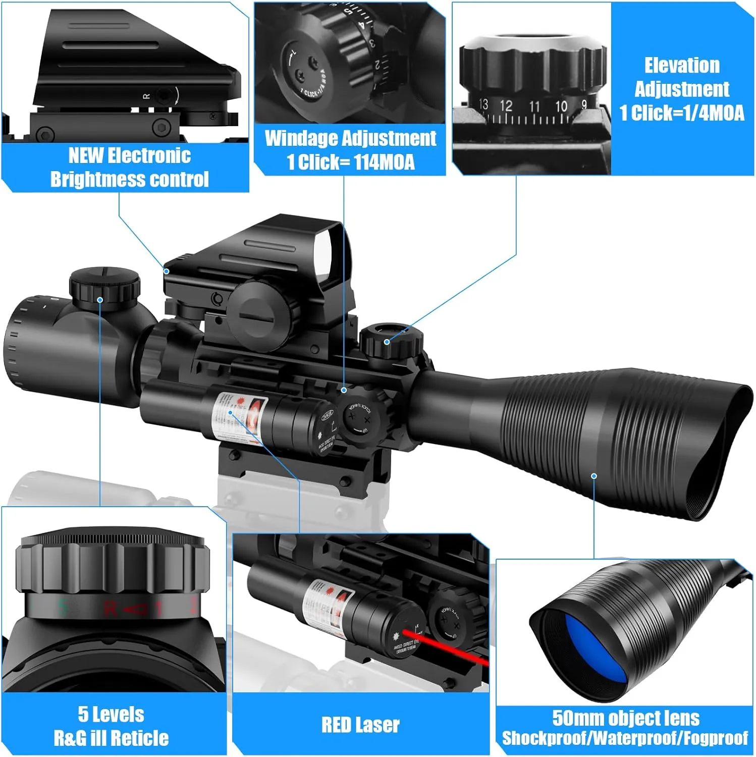 4-12/16x50EG Rifle Scope Combo Dual Illuminated Red/Green with Green/Red Laser 4 Models Holographic Reticle Red Dot for Rail Mount
