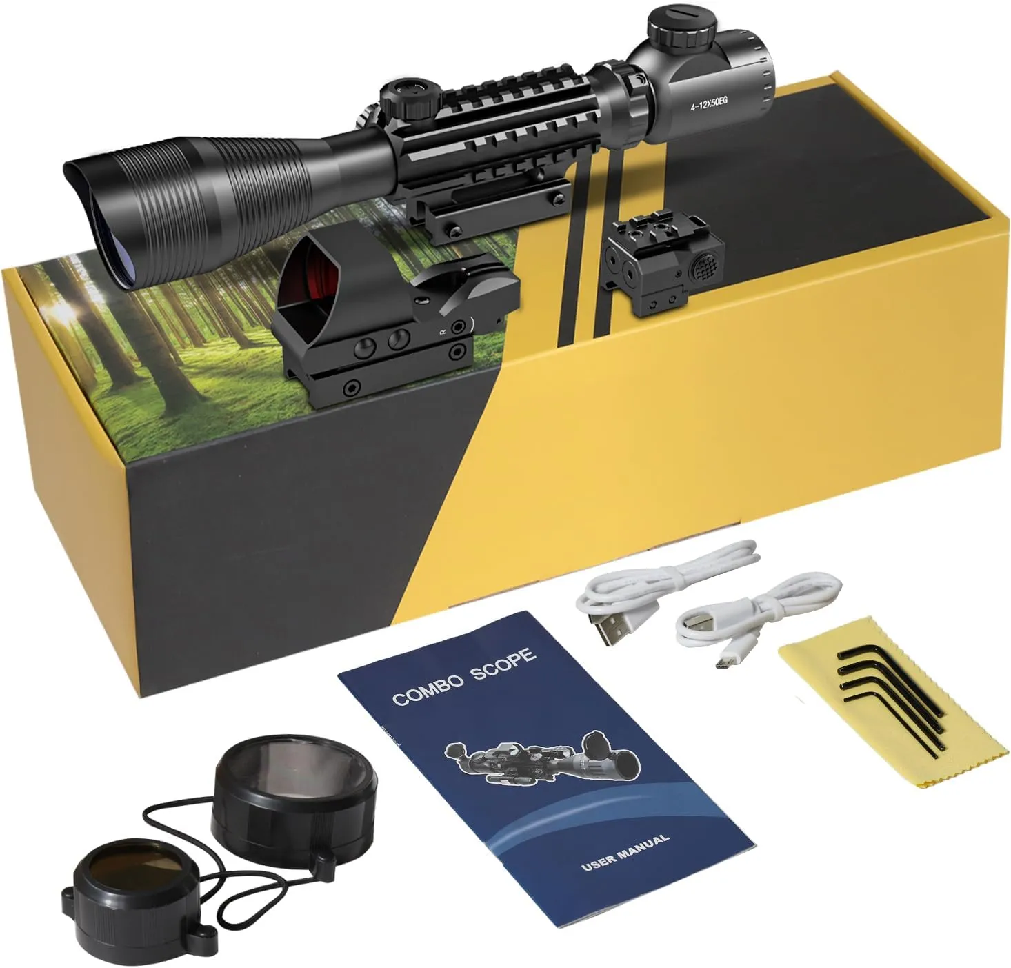 4-12/16x50EG Rifle Scope Combo Dual Illuminated Red/Green with Green/Red Laser 4 Models Holographic Reticle Red Dot for Rail Mount