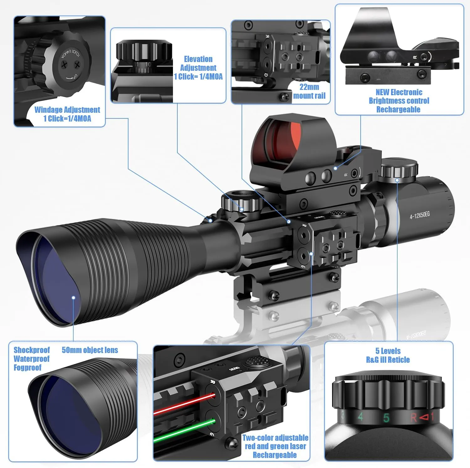4-12/16x50EG Rifle Scope Combo Dual Illuminated Red/Green with Green/Red Laser 4 Models Holographic Reticle Red Dot for Rail Mount