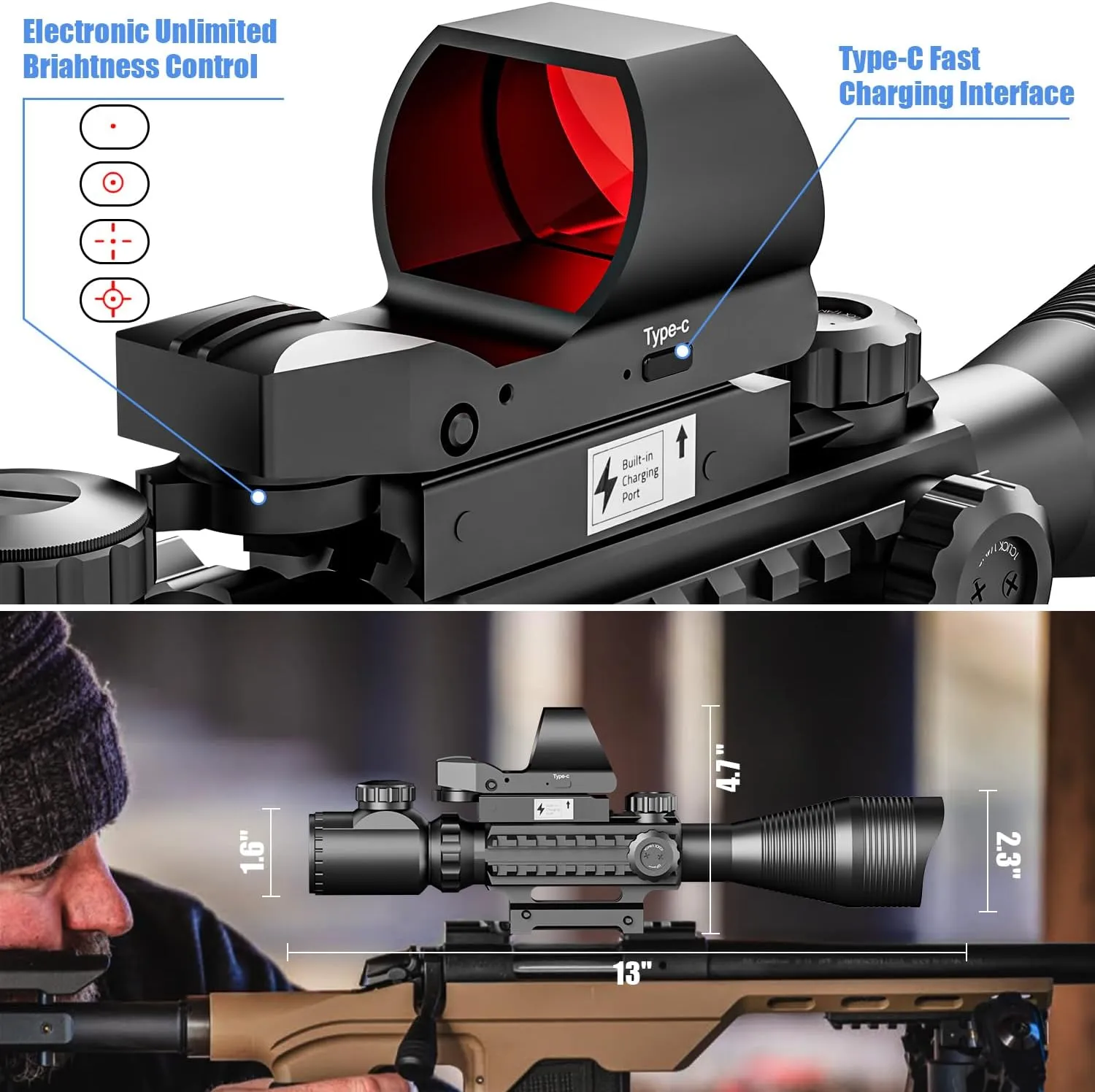 4-12/16x50EG Rifle Scope Combo Dual Illuminated Red/Green with Green/Red Laser 4 Models Holographic Reticle Red Dot for Rail Mount