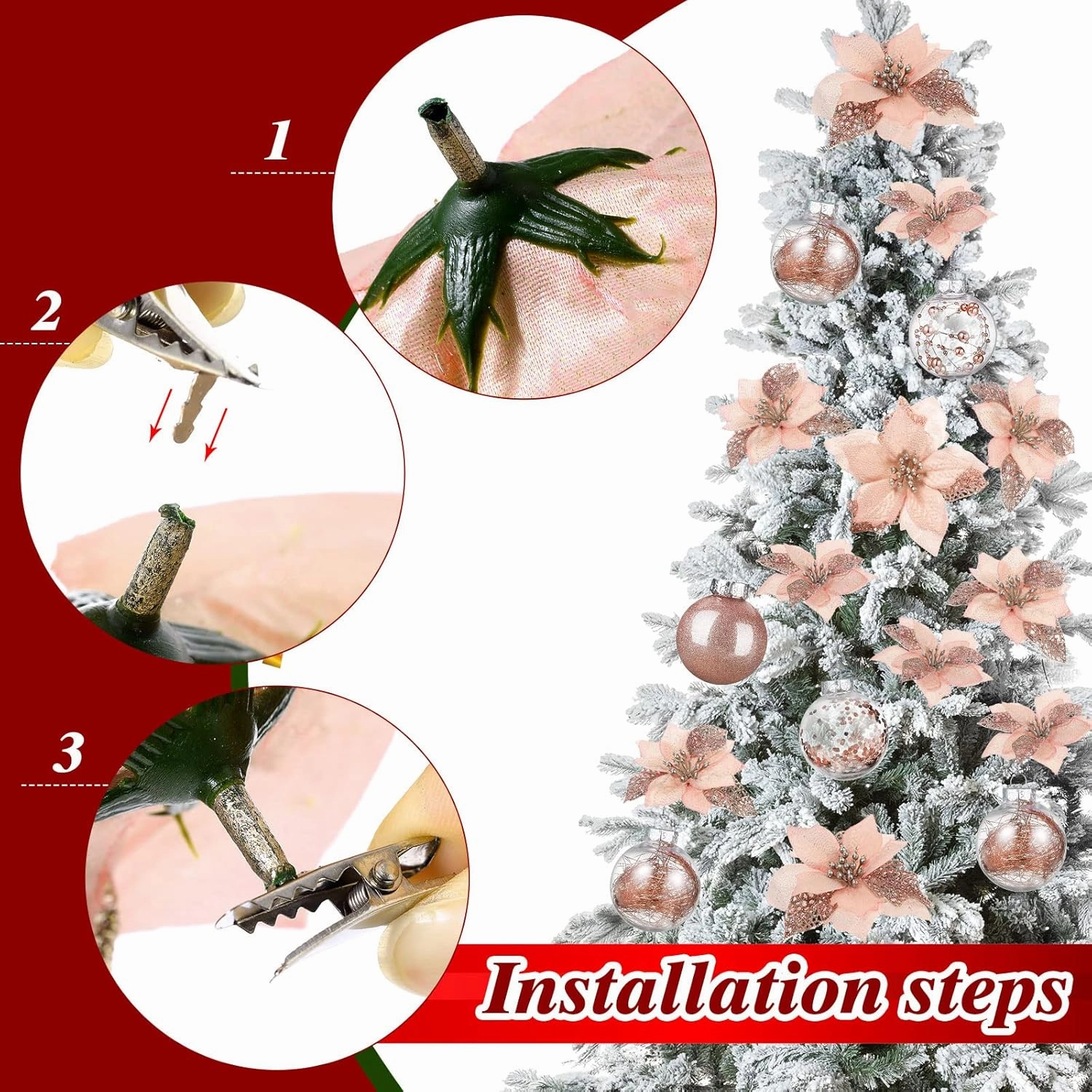 49 Pcs Rose Gold Christmas Tree Decoration Set Tree Topper Bow 24 Pcs Christmas Glitter Artificial Poinsettia Flowers and 2.36 Inch Xmas Ball Ornaments for Xmas Party Holiday Decor