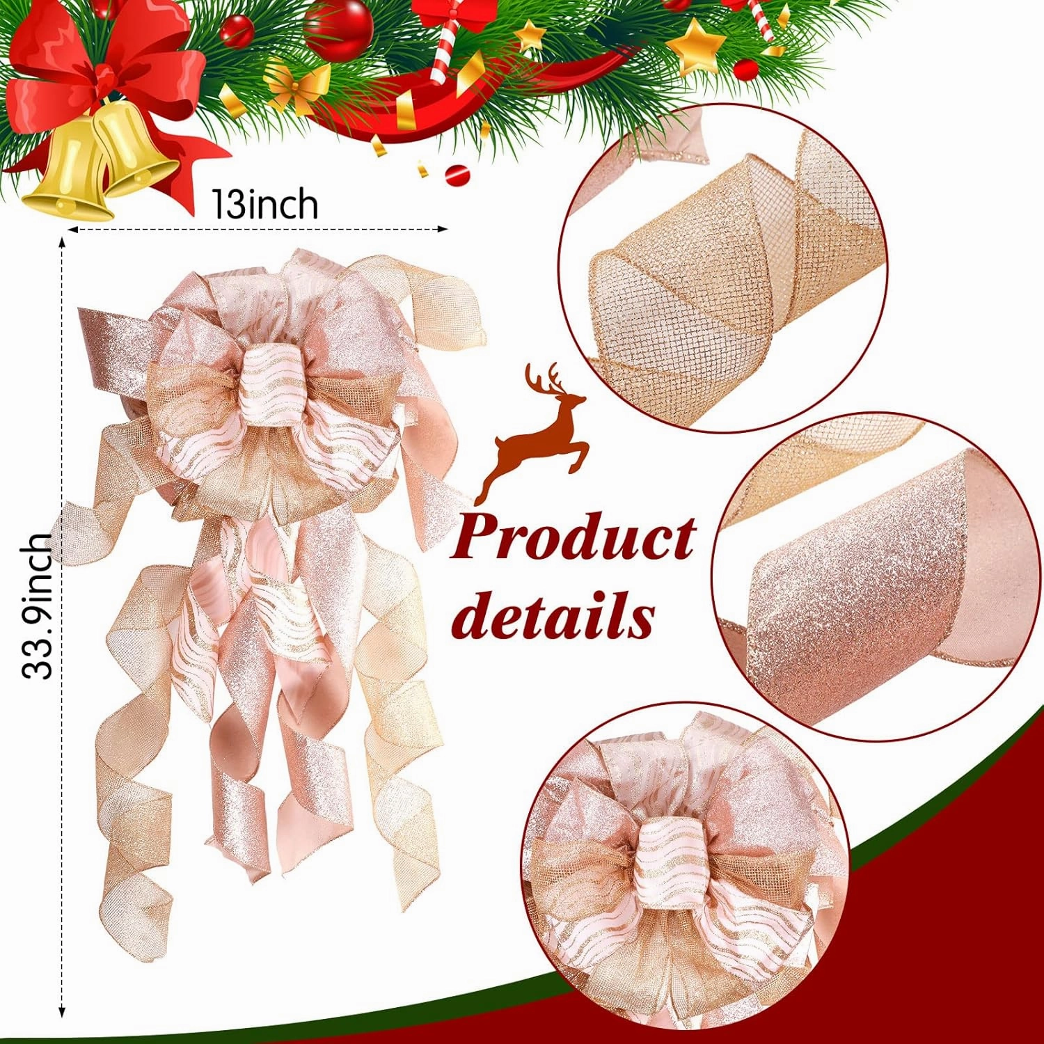 49 Pcs Rose Gold Christmas Tree Decoration Set Tree Topper Bow 24 Pcs Christmas Glitter Artificial Poinsettia Flowers and 2.36 Inch Xmas Ball Ornaments for Xmas Party Holiday Decor