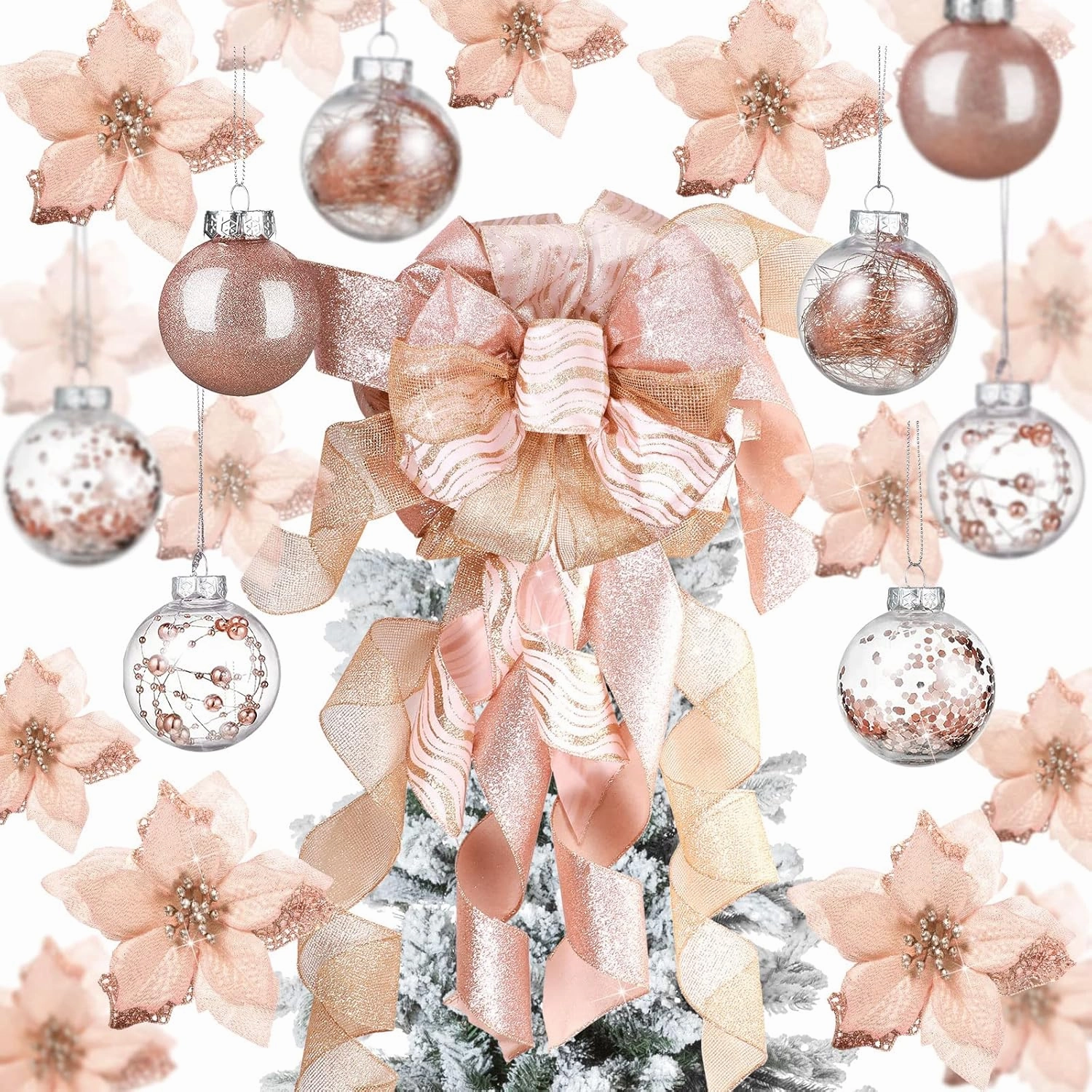 49 Pcs Rose Gold Christmas Tree Decoration Set Tree Topper Bow 24 Pcs Christmas Glitter Artificial Poinsettia Flowers and 2.36 Inch Xmas Ball Ornaments for Xmas Party Holiday Decor