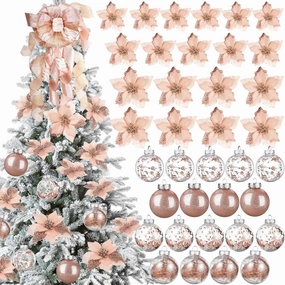49 Pcs Rose Gold Christmas Tree Decoration Set Tree Topper Bow 24 Pcs Christmas Glitter Artificial Poinsettia Flowers and 2.36 Inch Xmas Ball Ornaments for Xmas Party Holiday Decor