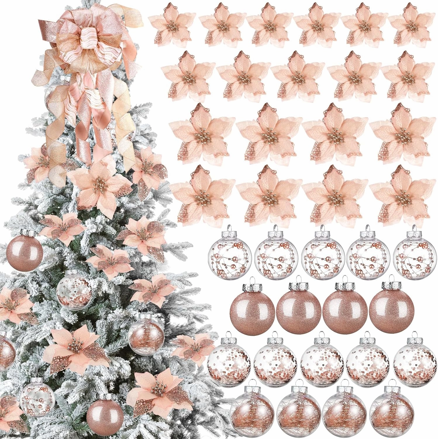 49 Pcs Rose Gold Christmas Tree Decoration Set Tree Topper Bow 24 Pcs Christmas Glitter Artificial Poinsettia Flowers and 2.36 Inch Xmas Ball Ornaments for Xmas Party Holiday Decor