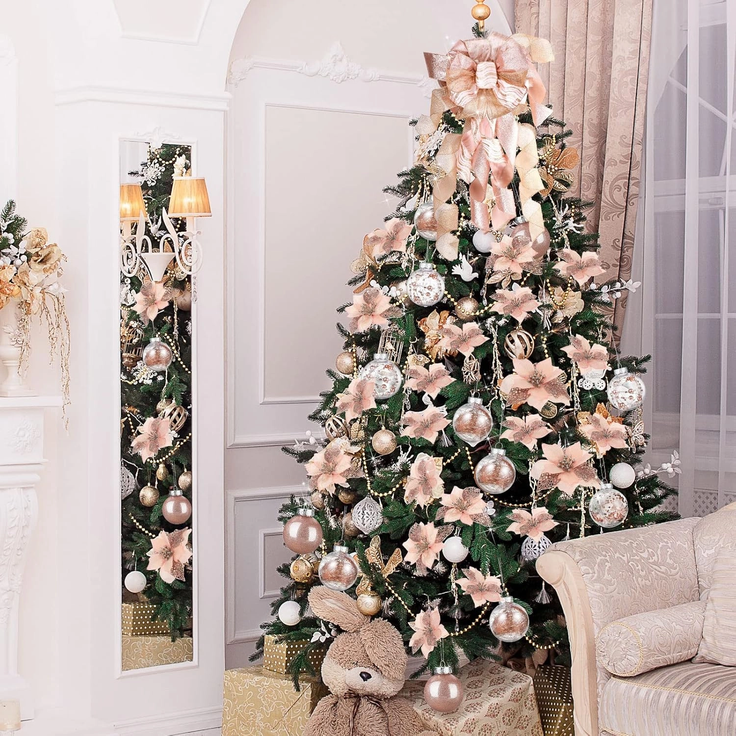 49 Pcs Rose Gold Christmas Tree Decoration Set Tree Topper Bow 24 Pcs Christmas Glitter Artificial Poinsettia Flowers and 2.36 Inch Xmas Ball Ornaments for Xmas Party Holiday Decor