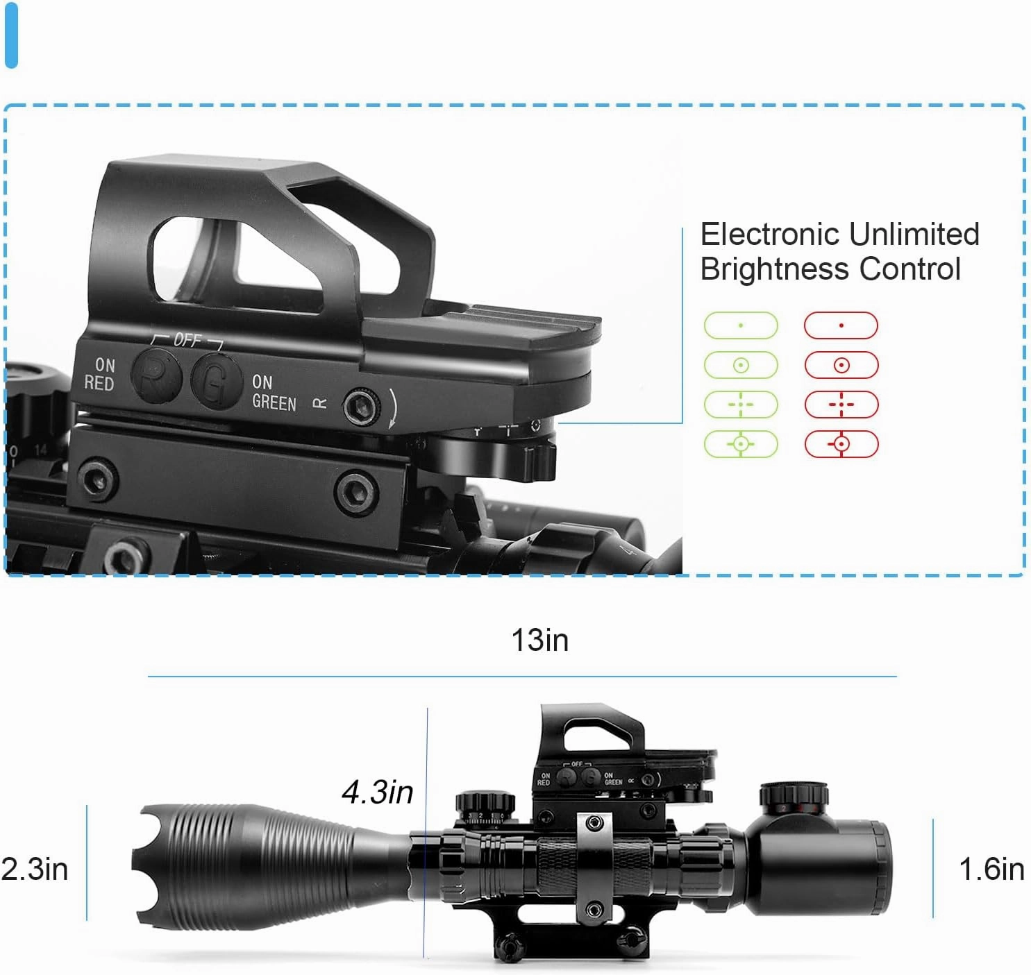 4-12/16x50EG Rifle Scope Combo Dual Illuminated Red/Green with Green/Red Laser 4 Models Holographic Reticle Red Dot for Rail Mount