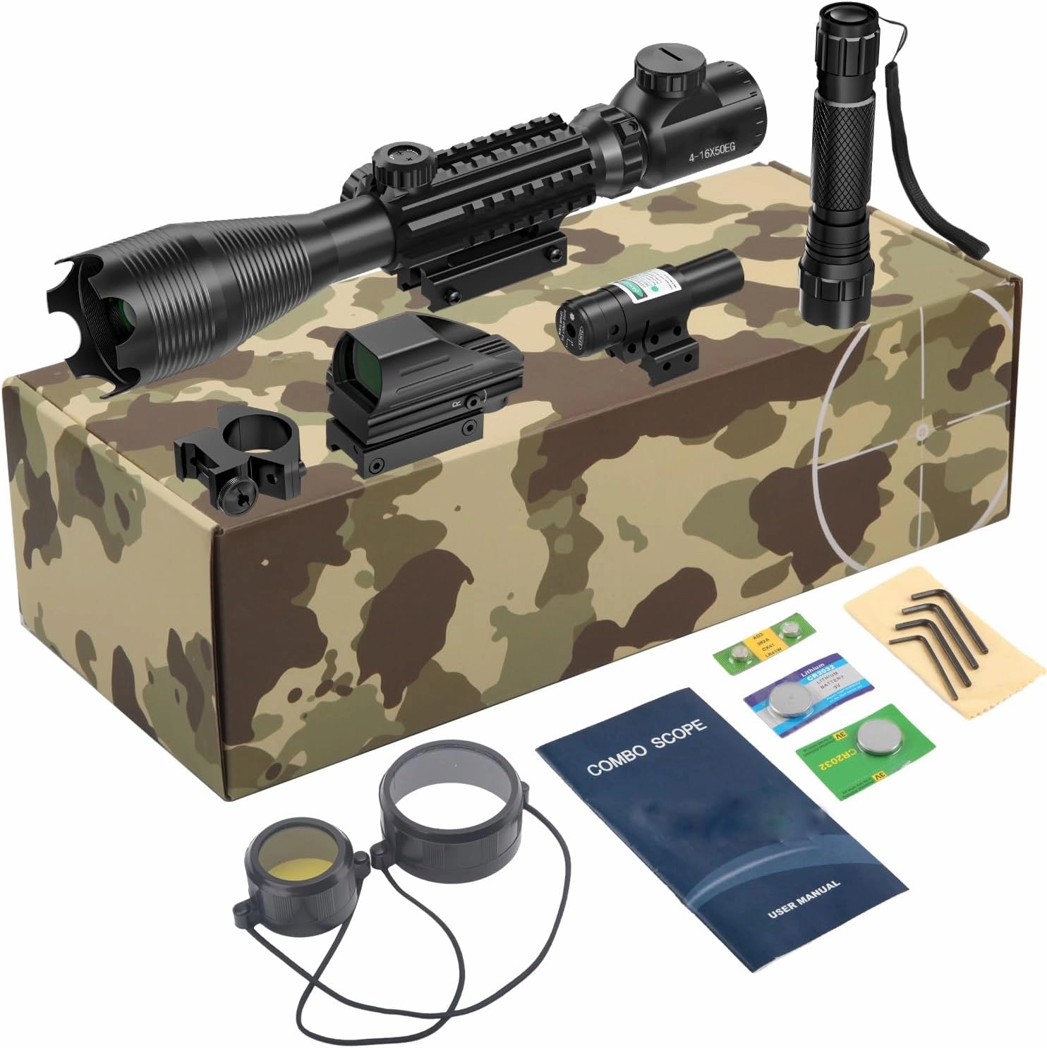 4-12/16x50EG Rifle Scope Combo Dual Illuminated Red/Green with Green/Red Laser 4 Models Holographic Reticle Red Dot for Rail Mount