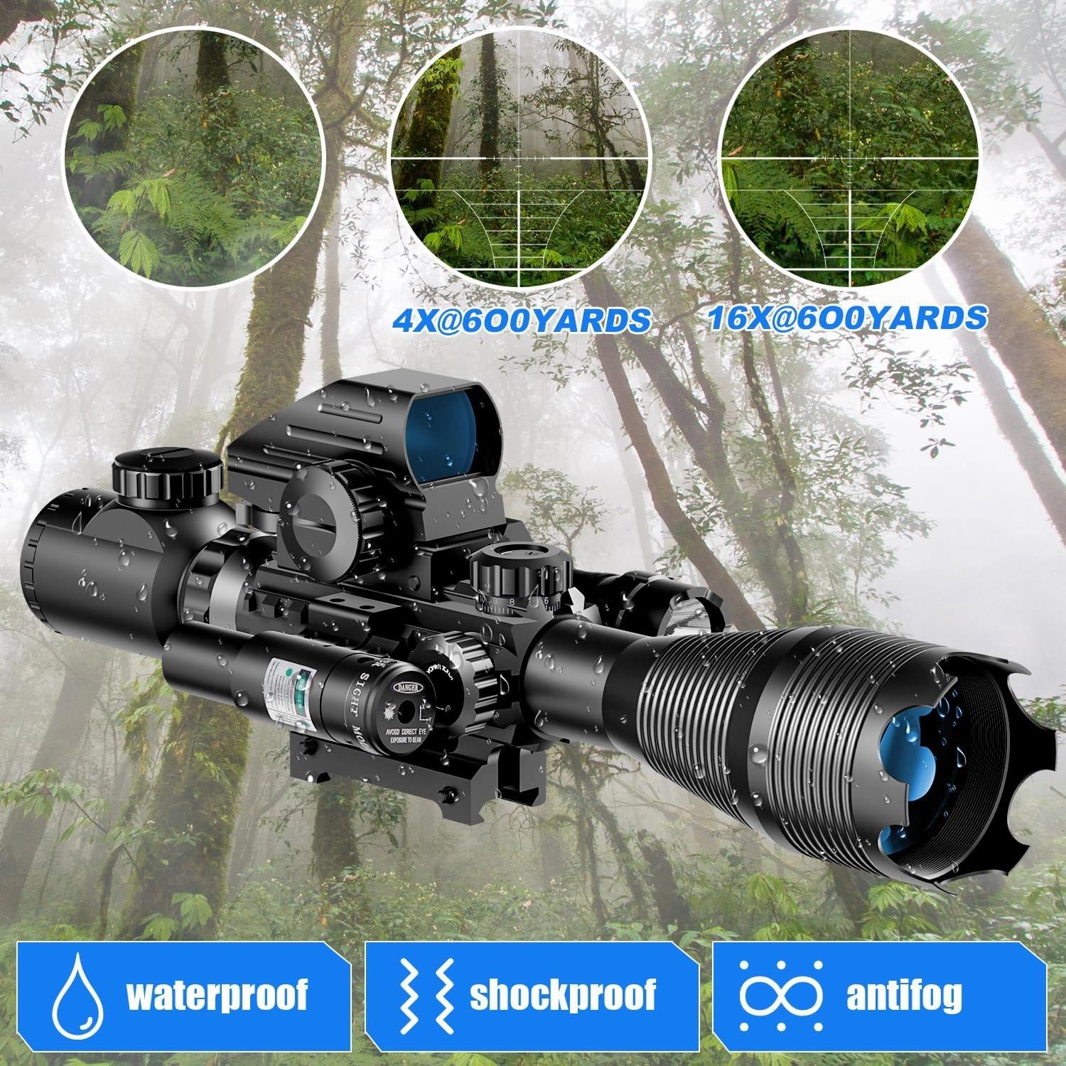 4-12/16x50EG Rifle Scope Combo Dual Illuminated Red/Green with Green/Red Laser 4 Models Holographic Reticle Red Dot for Rail Mount