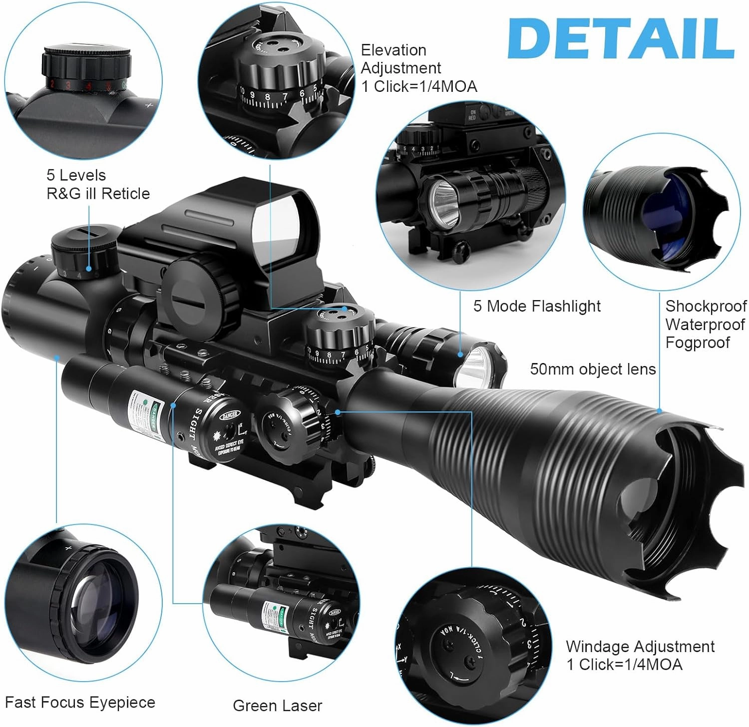 4-12/16x50EG Rifle Scope Combo Dual Illuminated Red/Green with Green/Red Laser 4 Models Holographic Reticle Red Dot for Rail Mount