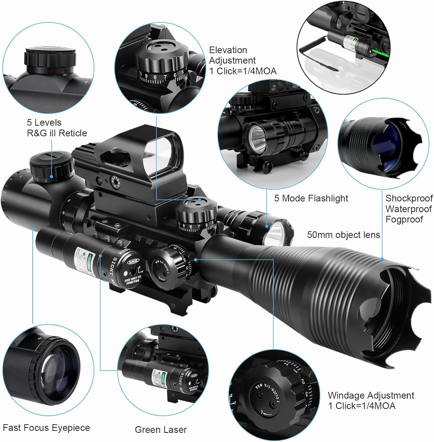 4-12/16x50EG Rifle Scope Combo Dual Illuminated Red/Green with Green/Red Laser 4 Models Holographic Reticle Red Dot for Rail Mount