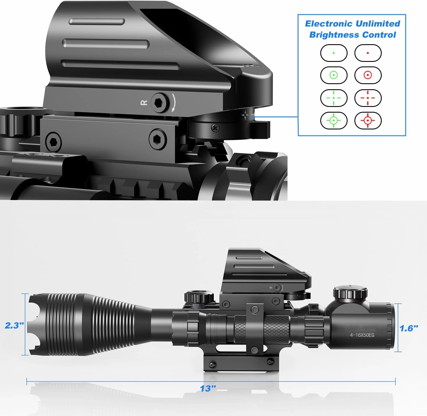 4-12/16x50EG Rifle Scope Combo Dual Illuminated Red/Green with Green/Red Laser 4 Models Holographic Reticle Red Dot for Rail Mount
