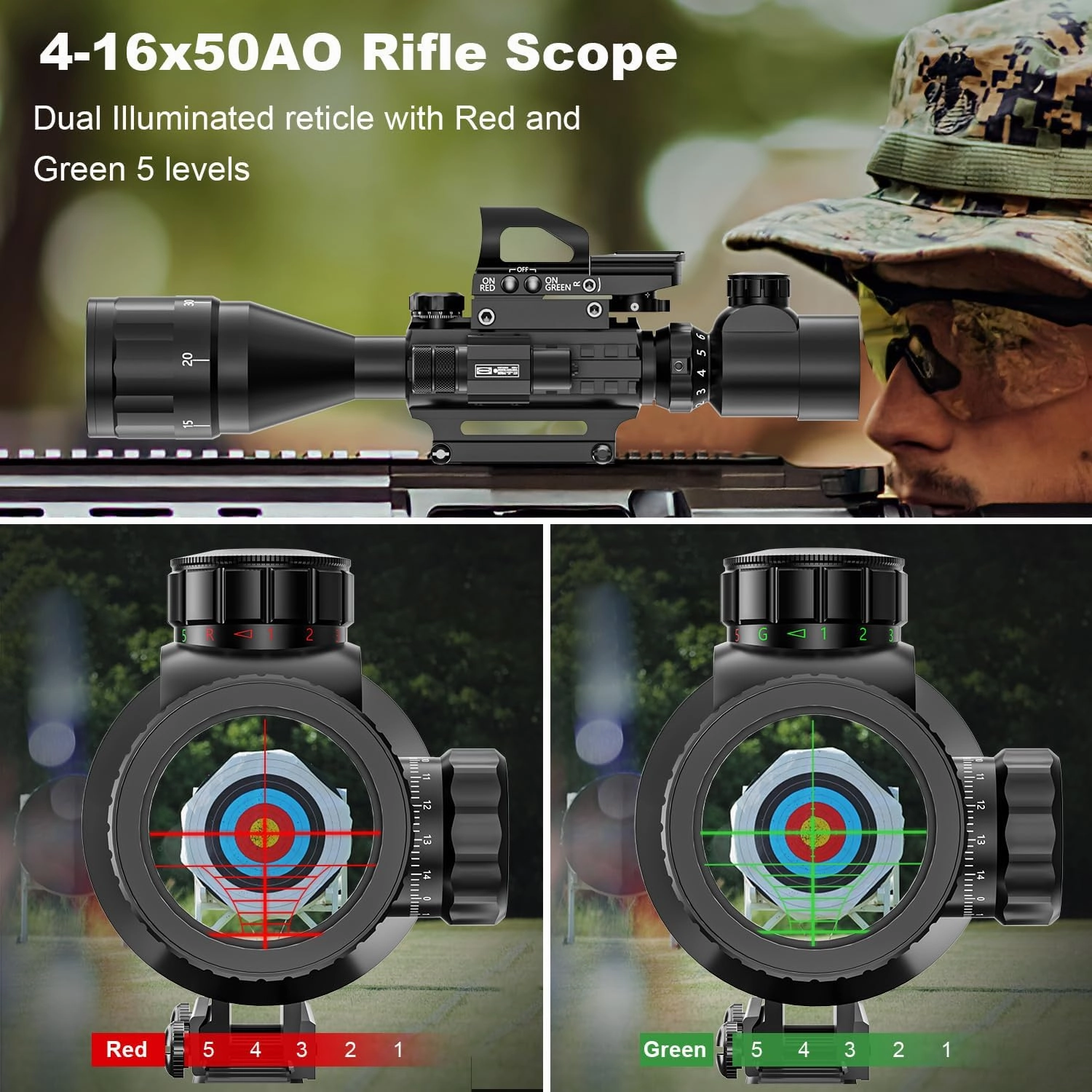 4-16x50 AO Rifle Scope Combo Red/Green Dual Illuminated Optics with Tail Switch Green Laser Sight Reflex 4 Holographic Reticle Red/Green Dot Sight for Rail Mount 5 Modes Flashlight
