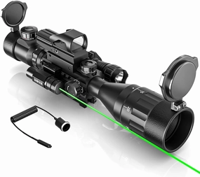 4-16x50 AO Rifle Scope Combo Red/Green Dual Illuminated Optics with Tail Switch Green Laser Sight Reflex 4 Holographic Reticle Red/Green Dot Sight for Rail Mount 5 Modes Flashlight